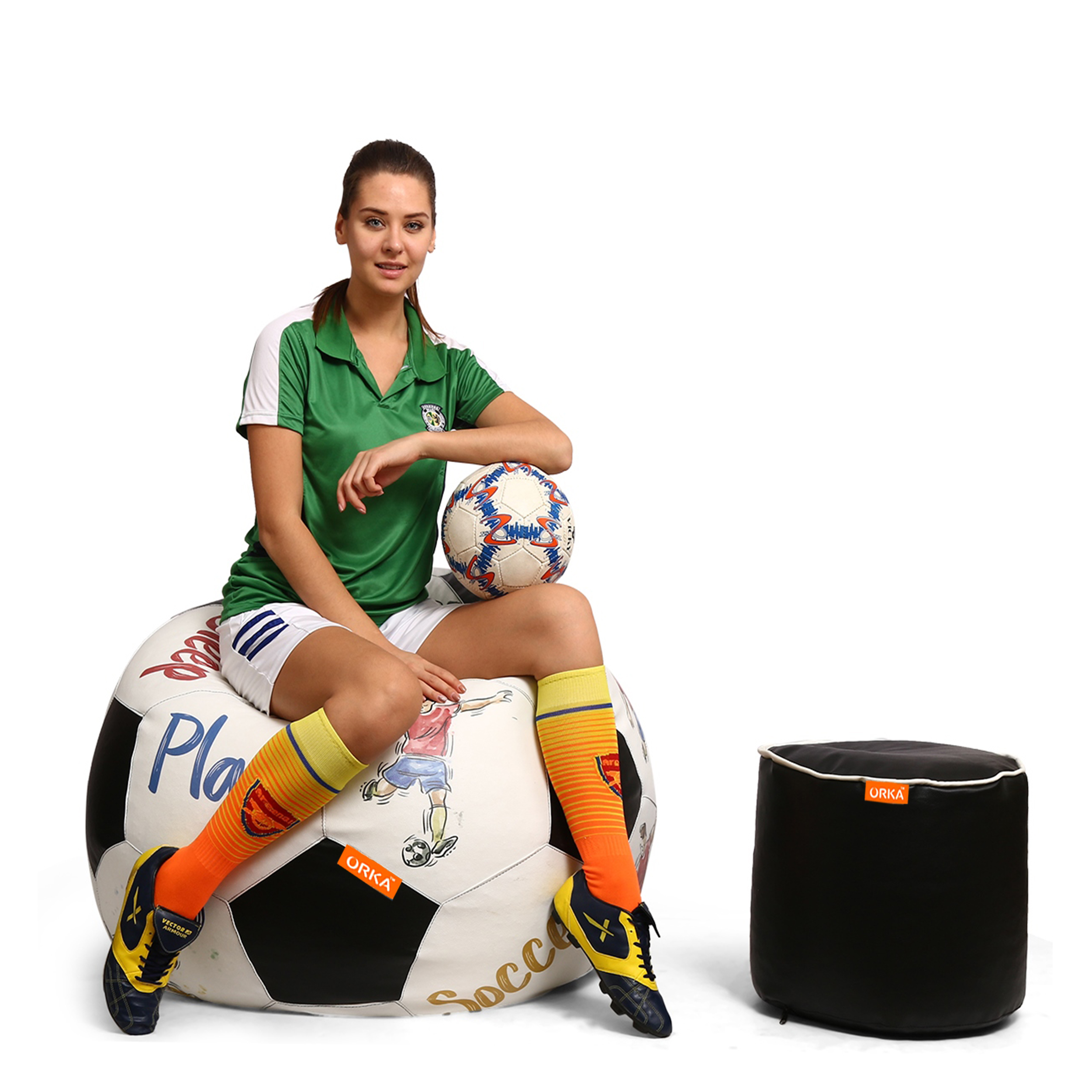 Orka Digital Printed XXXL Foorball With Mathching Footstool Filled Bean Bag With Beans (FB65 Multicolor)
